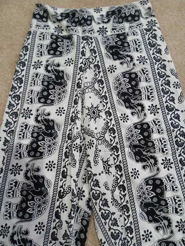 Black White Thai Elephant Hippie Harem Boho Pants Wrap Around Festival Trousers