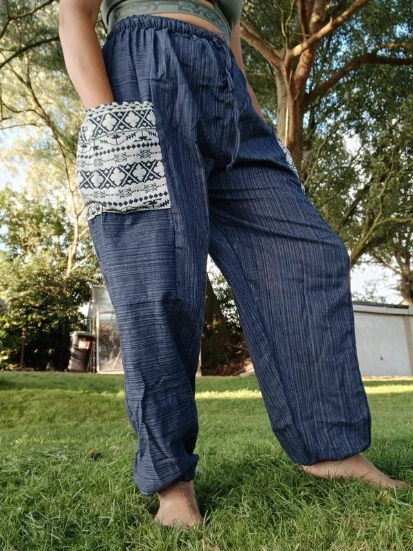 Blue Navy Cotton Harem Pants Baggy Hippie Summer Holiday Sun Trousers Size S M L XL