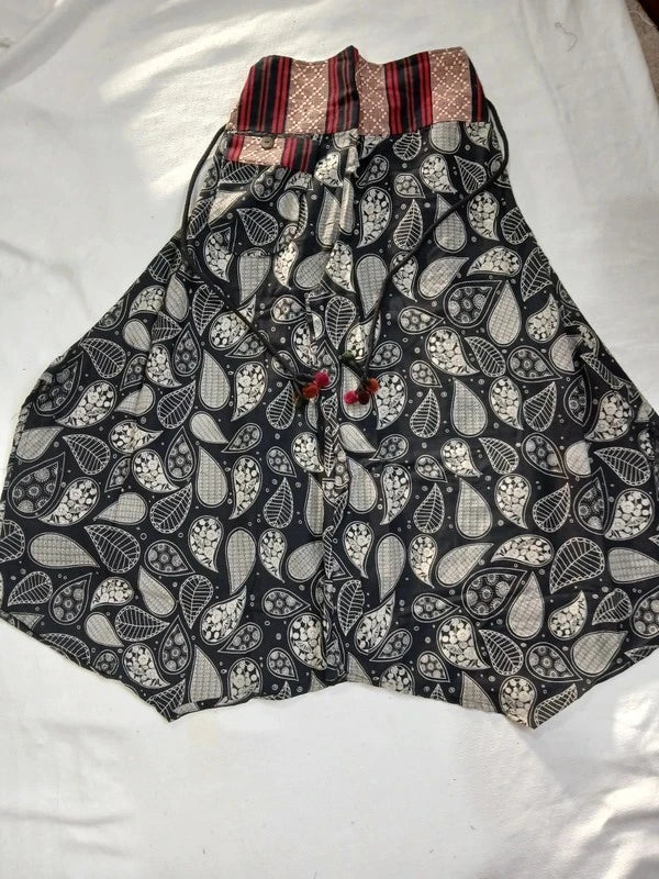 Black Paisley Leaf Flowers Wide Leg Boho Harem Pants Hippie Yoga Thai Japanese Trousers