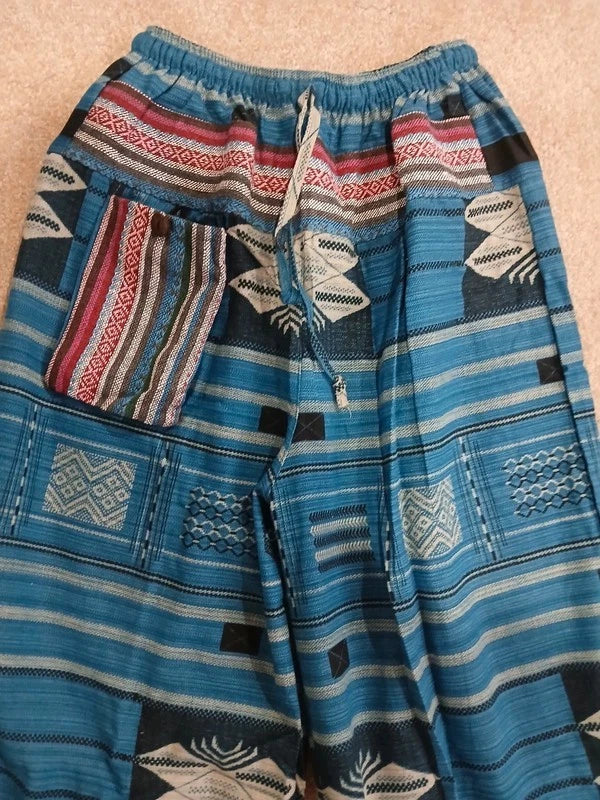 Blue Turquoise Cotton Thailand Harem Poofy Pants Hippy Boho Mens Womens Trousers