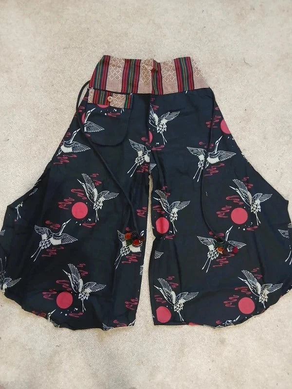Red Sun Japan Bird Naka Palazzo Wide Leg Harem Pants Hippie Yoga Boho Trousers