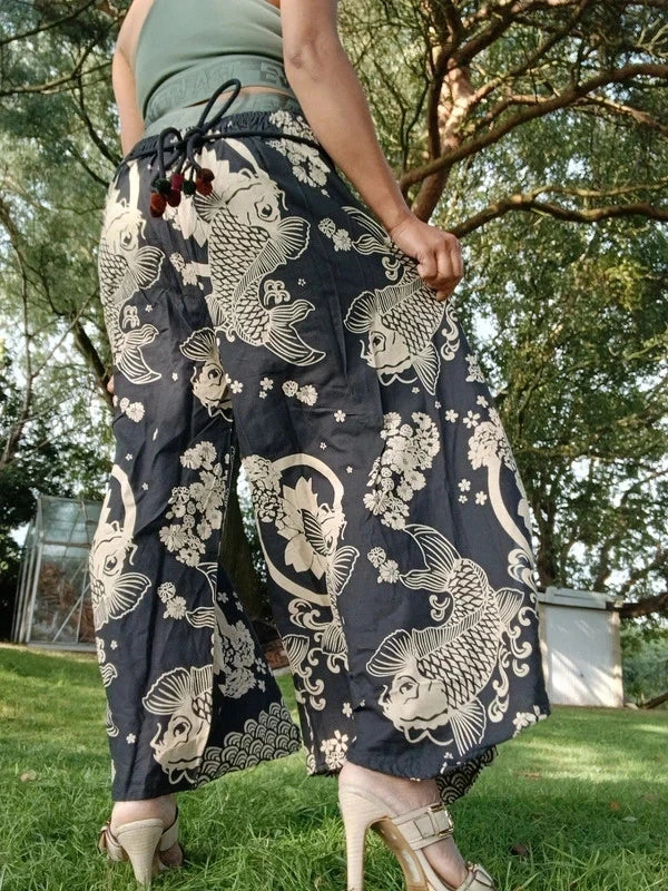 Black Koi Fish Print Palazzo Harem Pants Wide Leg Split Skirt Hippie Trousers
