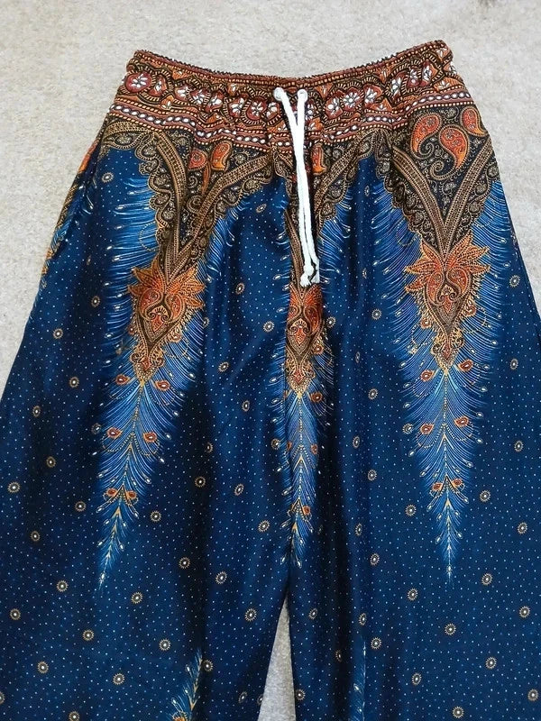 Navy Blue Brown Gold Harem Hippie Pants Wide Leg Peacock Feather Print Trousers