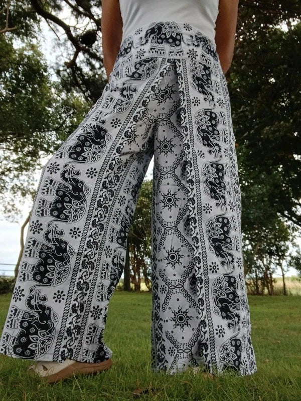 Black White Thai Elephant Hippie Harem Boho Pants Wrap Around Festival Trousers