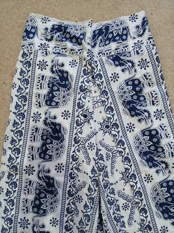 Navy Blue White Thai Elephant Womens Wrap Trousers Hippie Harem Festival Boho Pants
