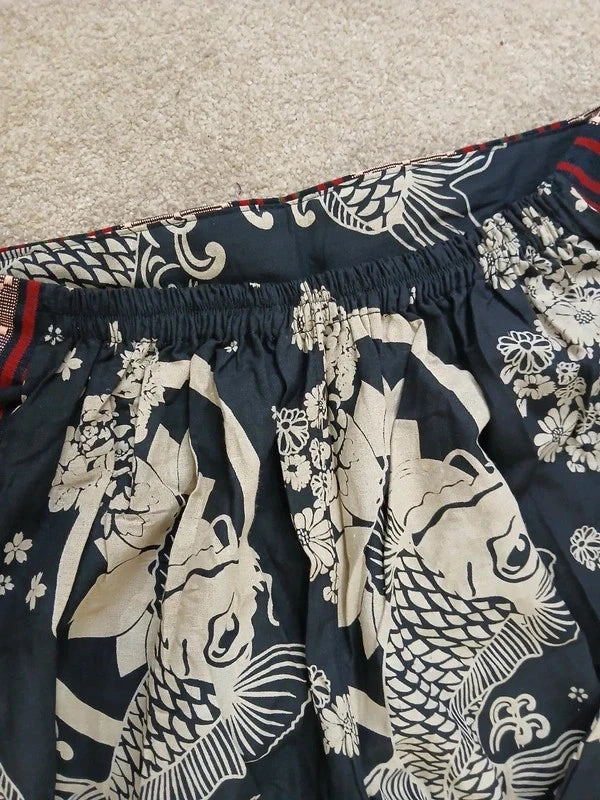Black Koi Fish Print Palazzo Harem Pants Wide Leg Split Skirt Hippie Trousers