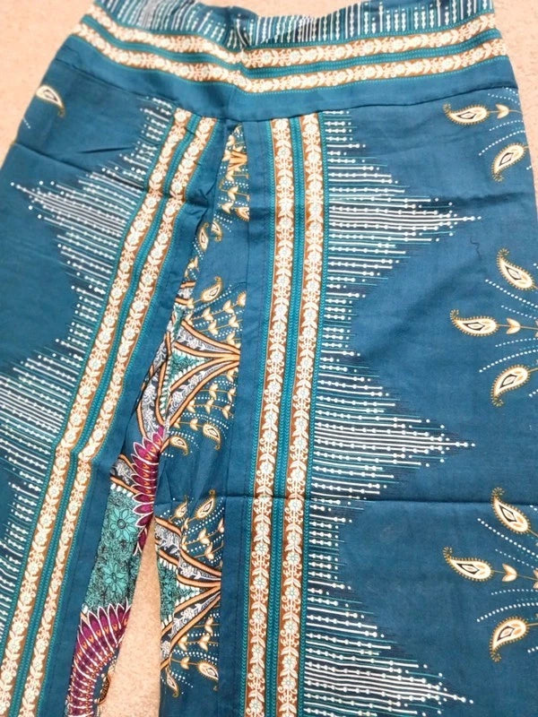 Dark Green Turquoise Bohemian Feathers Hippy Harem Pants Summer Holiday Trousers