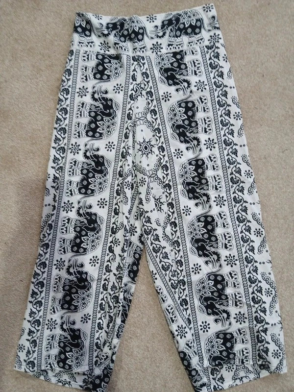 Black White Thai Elephant Hippie Harem Boho Pants Wrap Around Festival Trousers