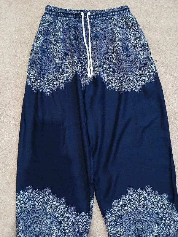 Navy Blue Bohemian Flower Printed Hippie Floral Harem Baggy Pants Yoga Trousers