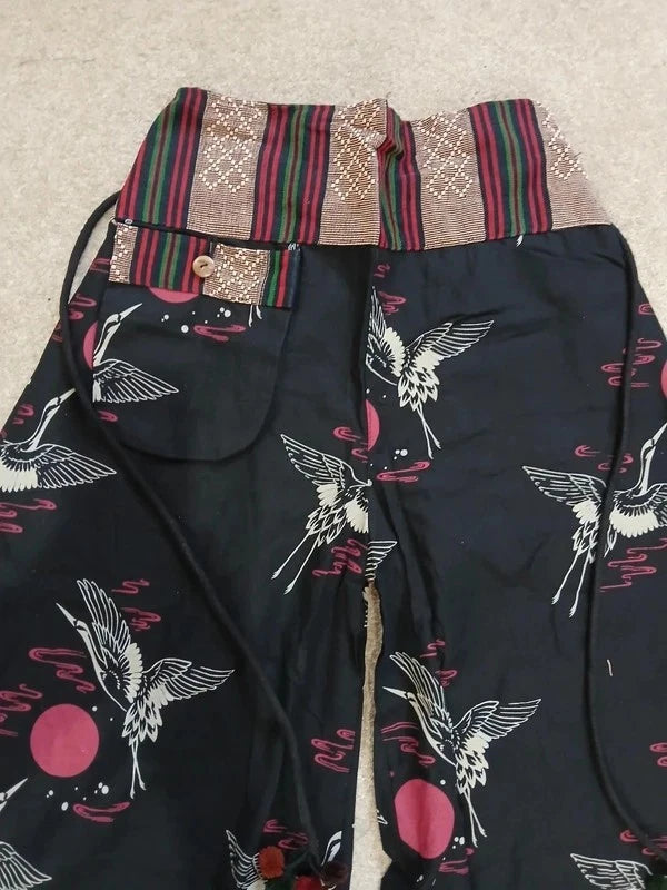 Red Sun Japan Bird Naka Palazzo Wide Leg Harem Pants Hippie Yoga Boho Trousers