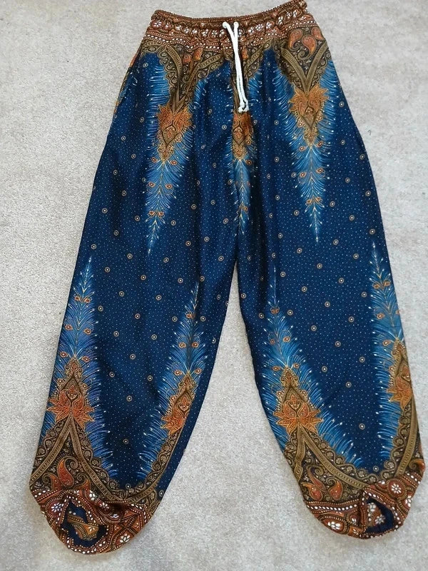 Navy Blue Brown Gold Harem Hippie Pants Wide Leg Peacock Feather Print Trousers