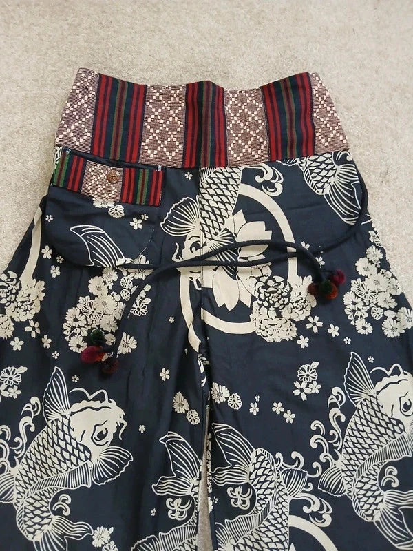 Black Koi Fish Print Palazzo Harem Pants Wide Leg Split Skirt Hippie Trousers