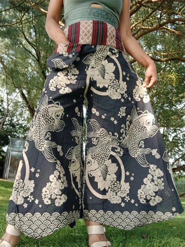 Black Koi Fish Print Palazzo Harem Pants Wide Leg Split Skirt Hippie Trousers