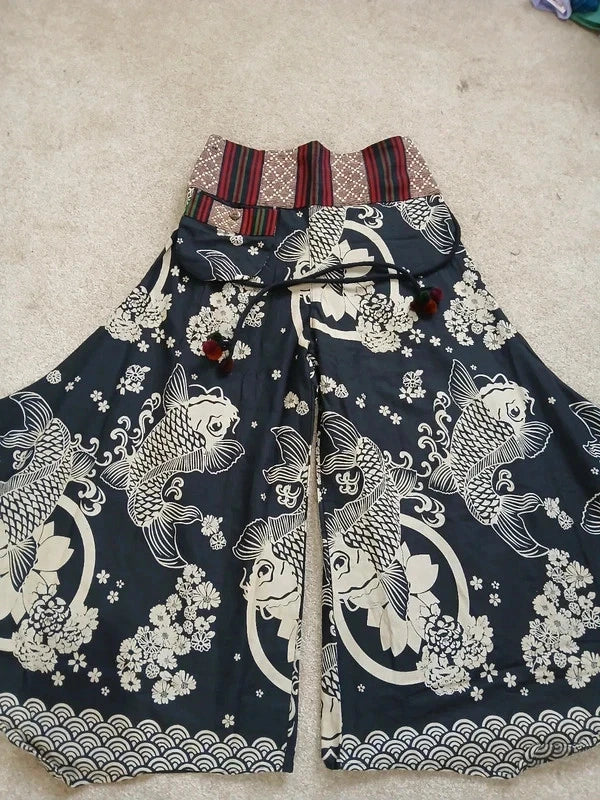 Black Koi Fish Print Palazzo Harem Pants Wide Leg Split Skirt Hippie Trousers