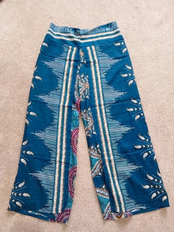 Dark Green Turquoise Bohemian Feathers Hippy Harem Pants Summer Holiday Trousers