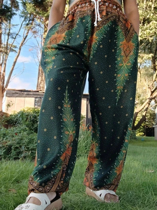 Dark Green Boho Feathers Print Harem Hippie Baggy Pants Yoga Festival Trousers