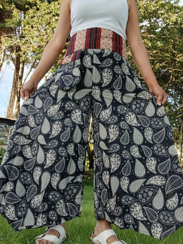 Black Paisley Leaf Flowers Wide Leg Boho Harem Pants Hippie Yoga Thai Japanese Trousers