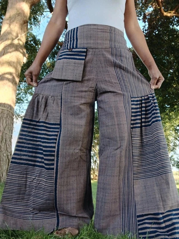 Beige Navy Patch Striped Palazzo Hippie Wide Leg Trousers Boho Harem Baggy Pants