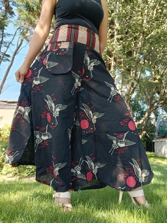Red Sun Japan Bird Naka Palazzo Wide Leg Harem Pants Hippie Yoga Boho Trousers