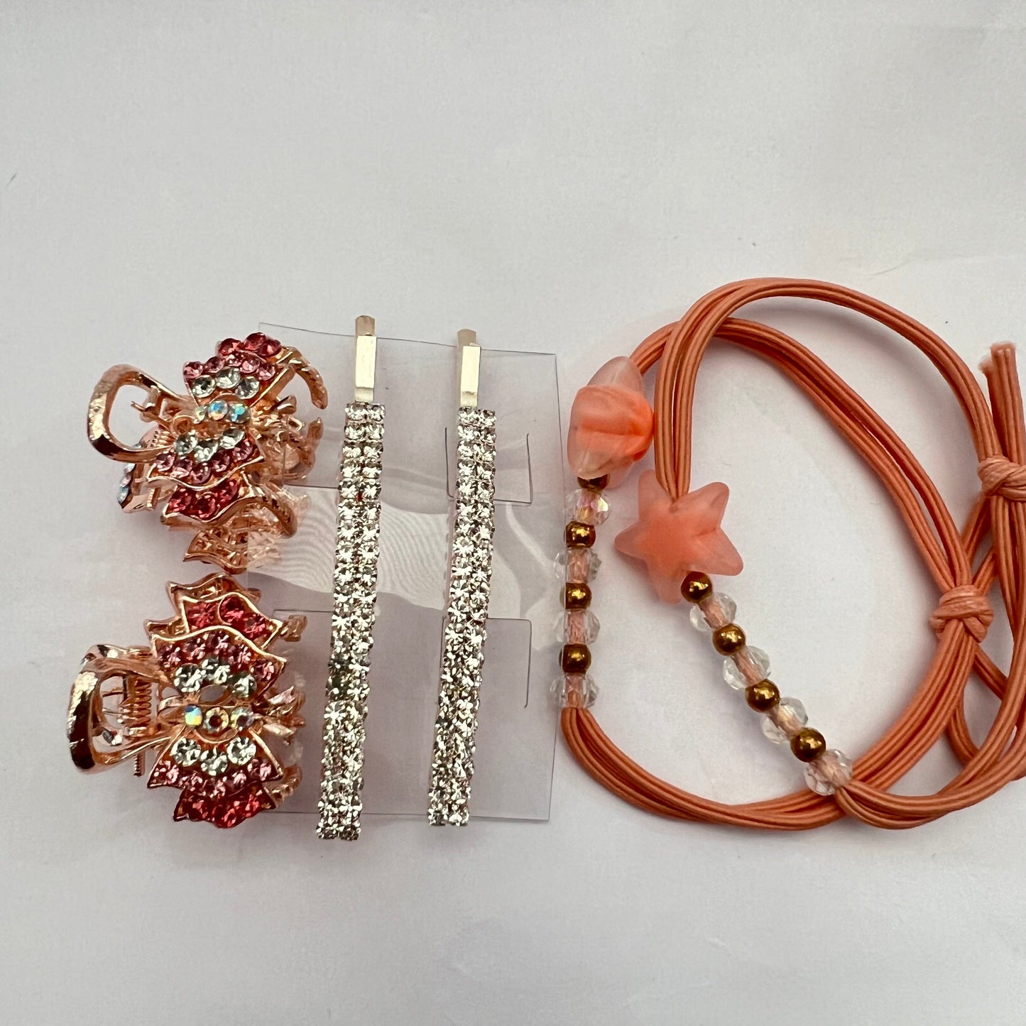 Set of Hair Accessories Pink rose Hair Tie Crystals Hair Clip Crystals Hair Claw