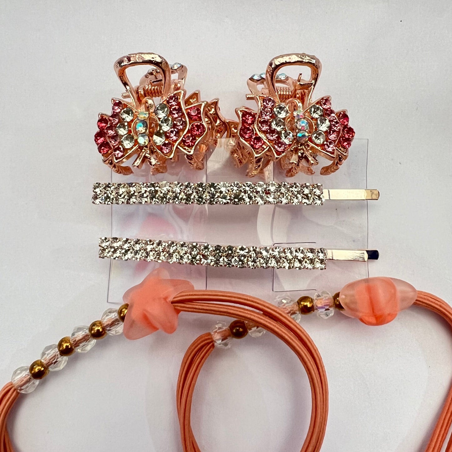 Set of Hair Accessories Pink rose Hair Tie Crystals Hair Clip Crystals Hair Claw