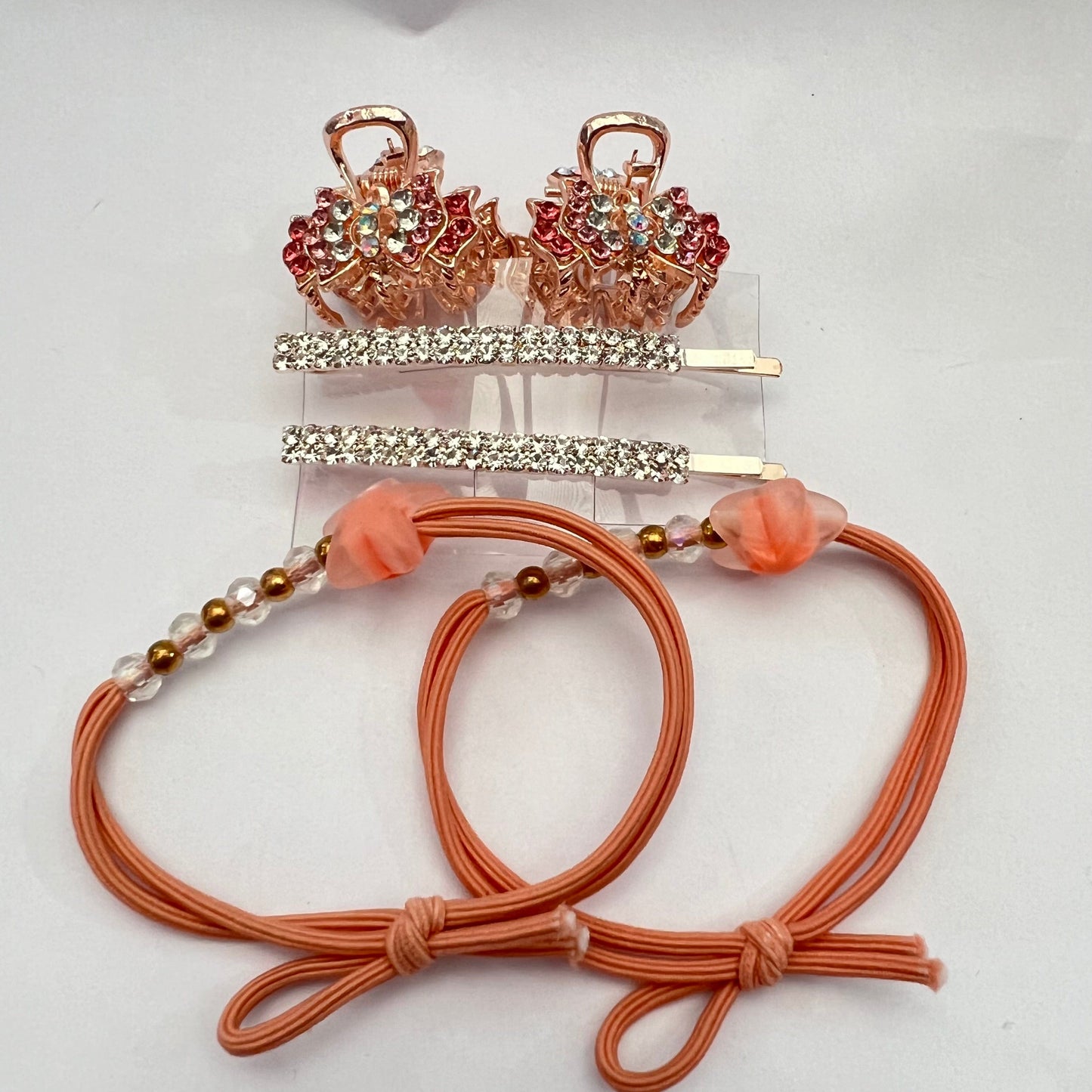 Set of Hair Accessories Pink rose Hair Tie Crystals Hair Clip Crystals Hair Claw