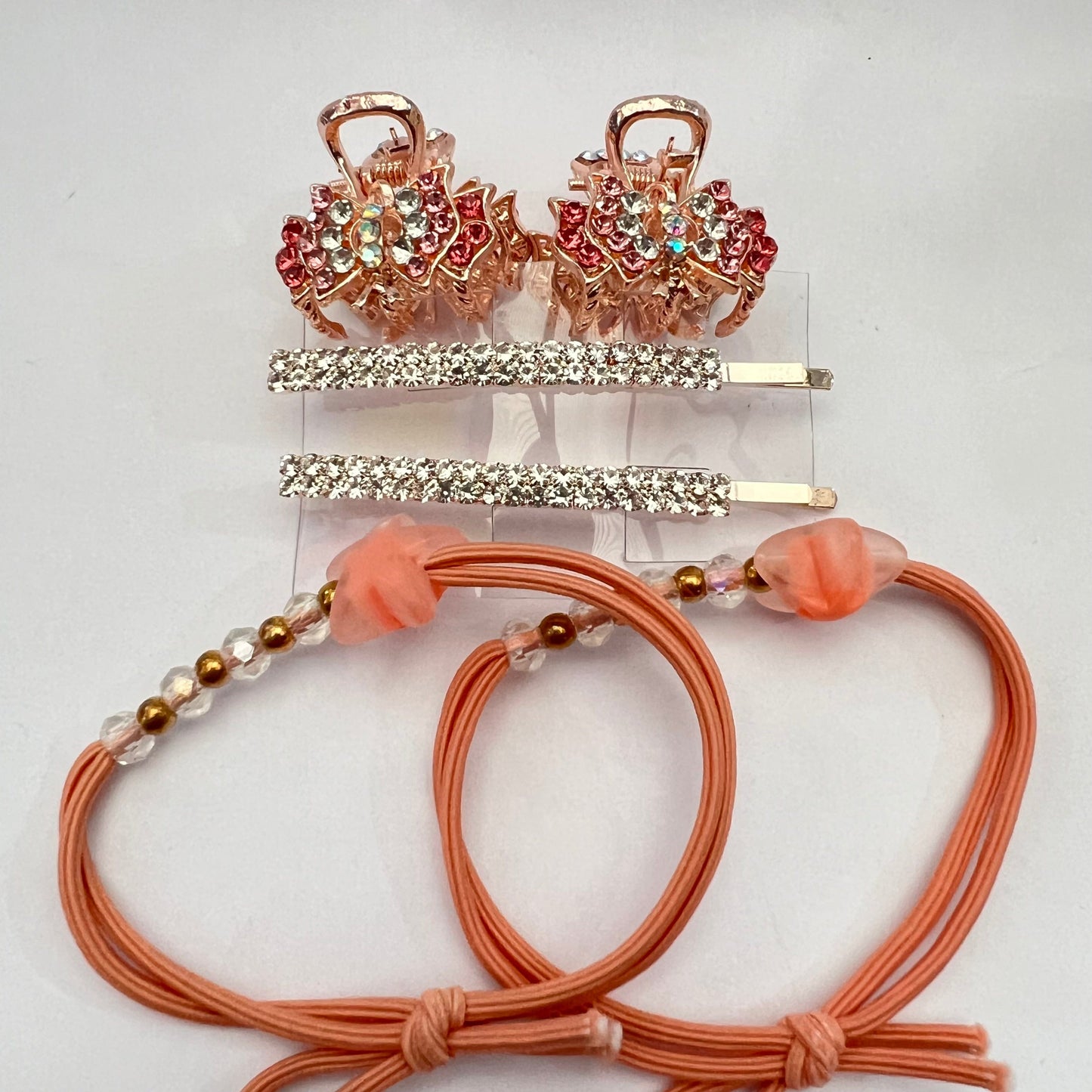 Set of Hair Accessories Pink rose Hair Tie Crystals Hair Clip Crystals Hair Claw