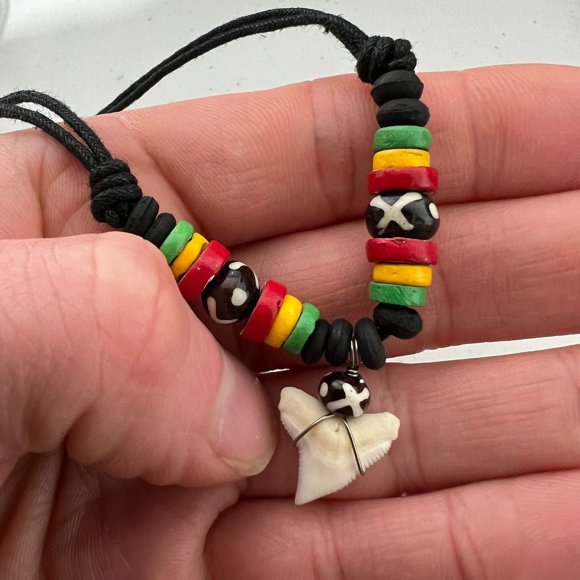 Shark Tooth Necklace Pendant Black Cord Chain Wood Beads Mens Womens Jewellery