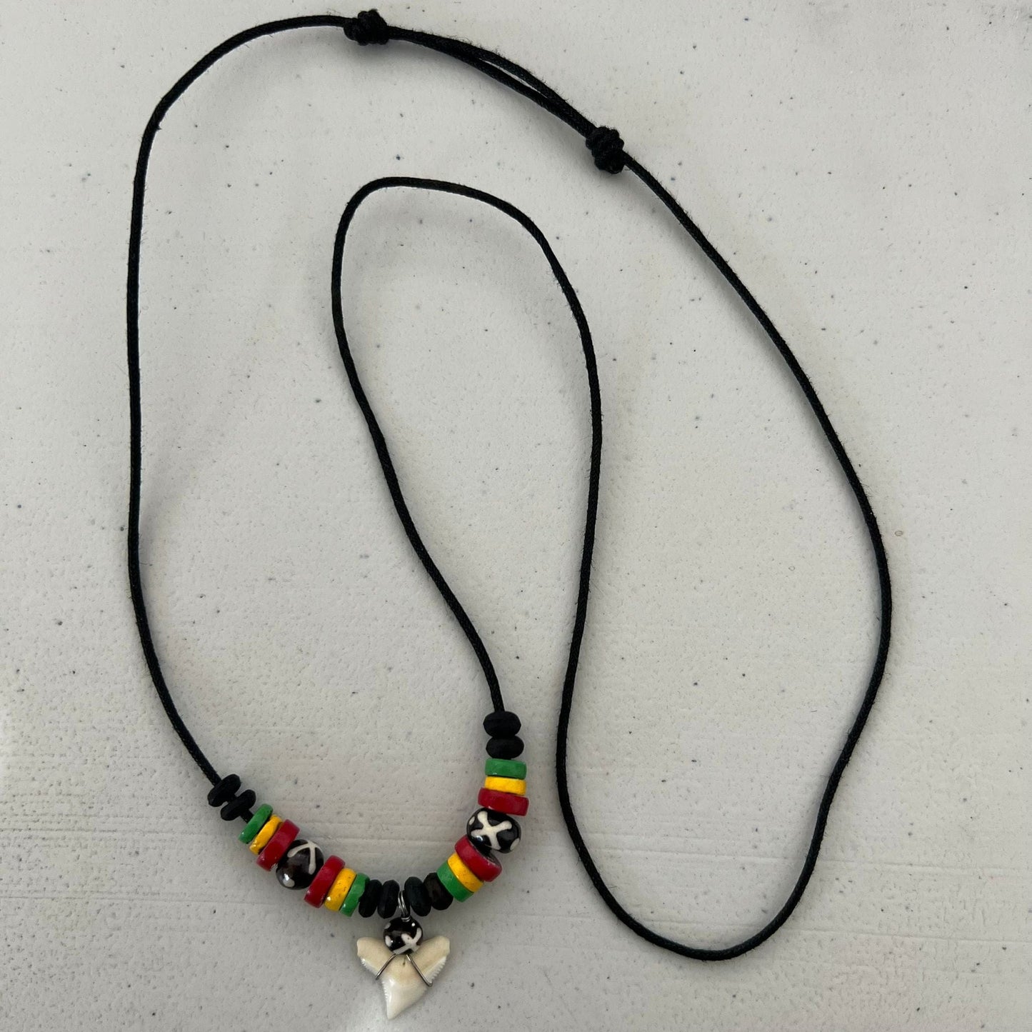 Shark Tooth Necklace Pendant Black Cord Chain Wood Beads Mens Womens Jewellery