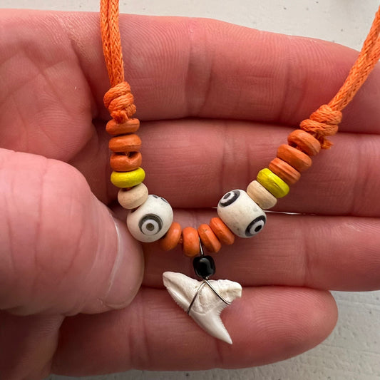 Shark Tooth Pendant Necklace Orange Cord Bead Chain Yellow Wood Bead Mens Womens