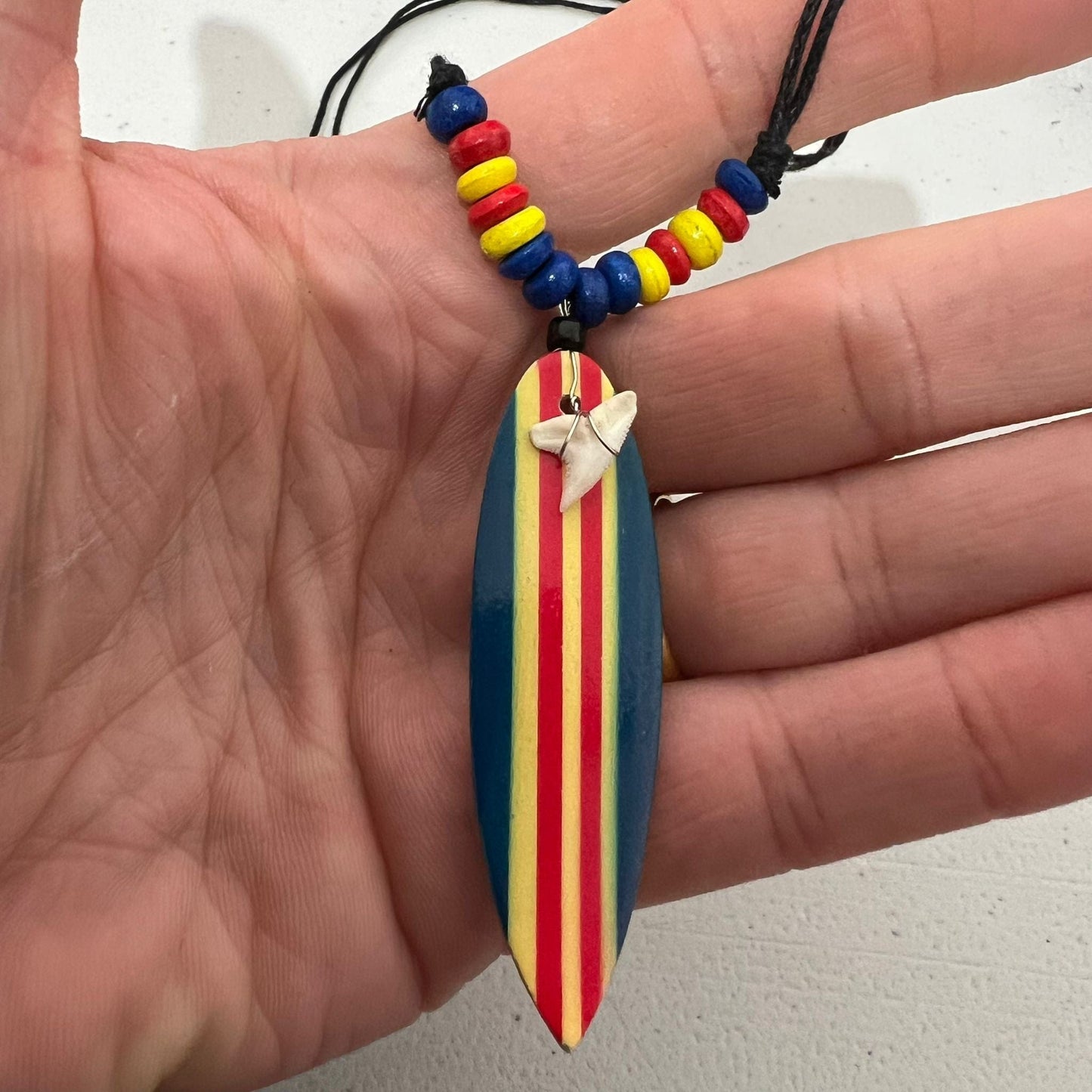 Shark Tooth Surfboard Pendant Necklace Blue Red Yellow Wood Beads Black Cord Chain Surfer Jewellery