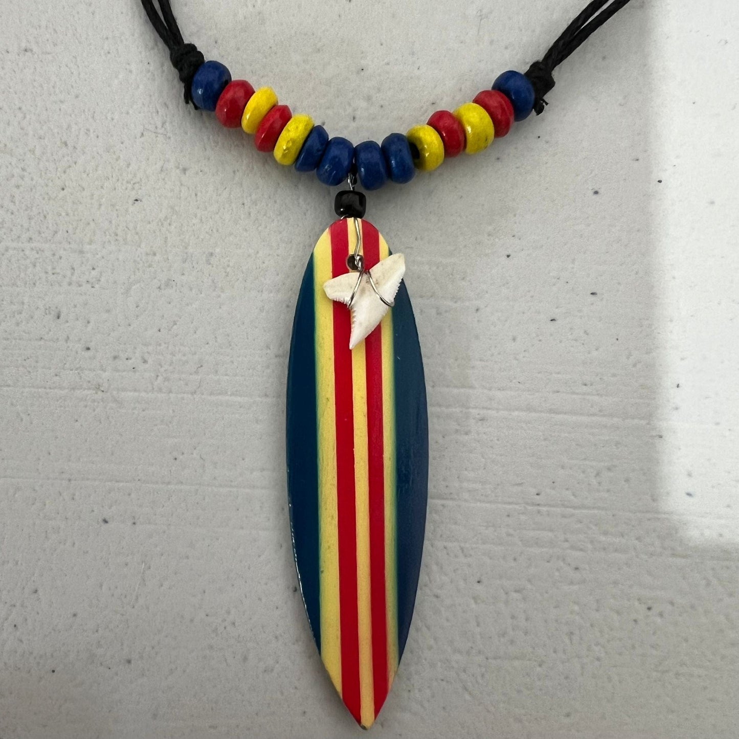 Shark Tooth Surfboard Pendant Necklace Blue Red Yellow Wood Beads Black Cord Chain Surfer Jewellery