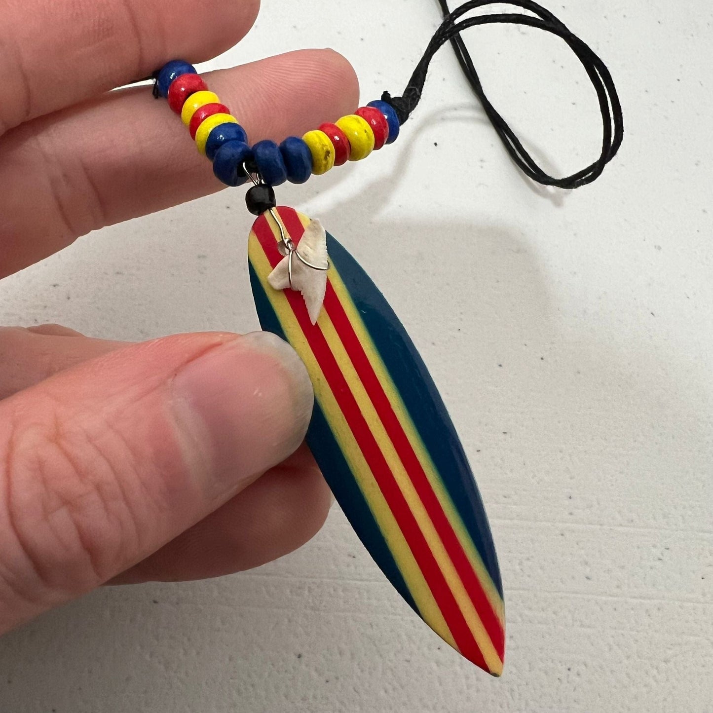 Shark Tooth Surfboard Pendant Necklace Blue Red Yellow Wood Beads Black Cord Chain Surfer Jewellery