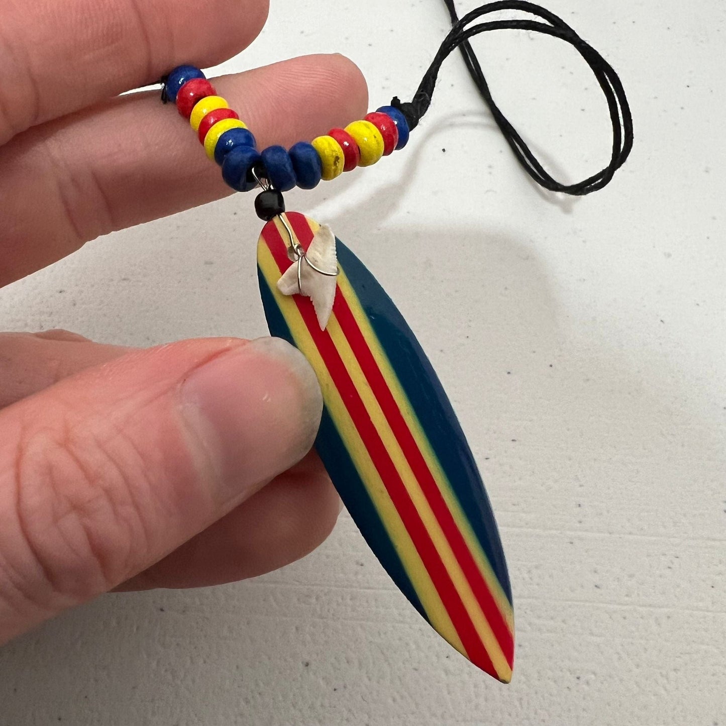 Shark Tooth Surfboard Pendant Necklace Blue Red Yellow Wood Beads Black Cord Chain Surfer Jewellery