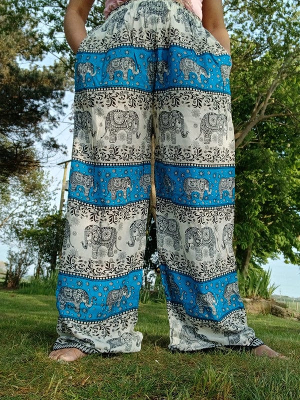 Thai Elephant Harem Pants Blue Beige Packable Light Summer Trousers Mens Womens