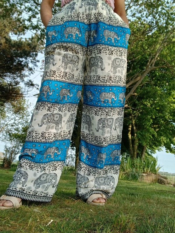 Thai Elephant Harem Pants Blue Beige Packable Light Summer Trousers Mens Womens