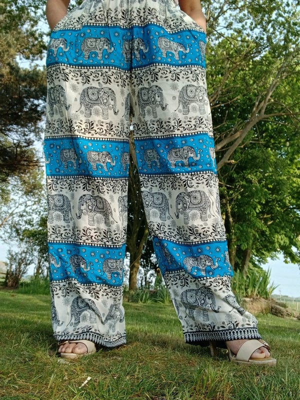 Thai Elephant Harem Pants Blue Beige Packable Light Summer Trousers Mens Womens