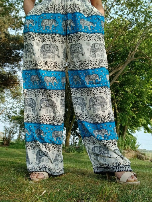 Thai Elephant Harem Pants Blue Beige Packable Light Summer Trousers Mens Womens