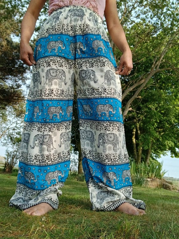 Thai Elephant Harem Pants Blue Beige Packable Light Summer Trousers Mens Womens