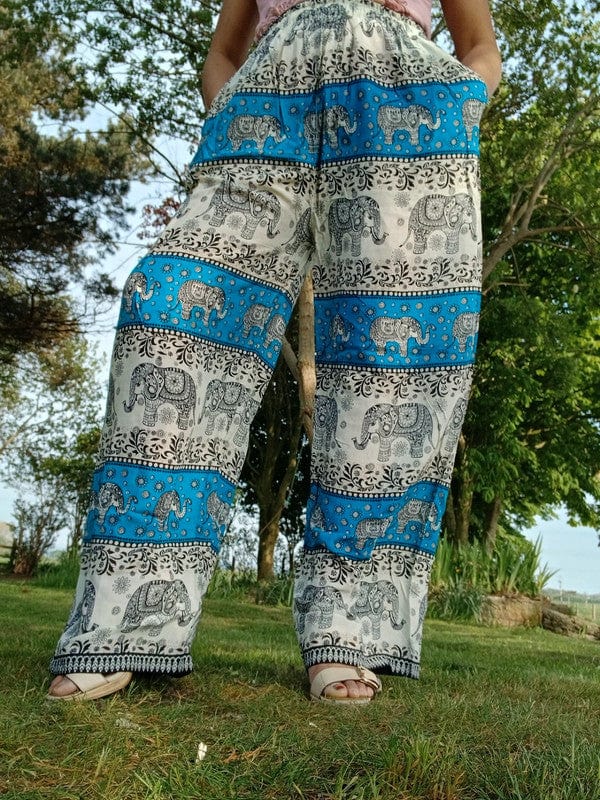 Thai Elephant Harem Pants Blue Beige Packable Light Summer Trousers Mens Womens