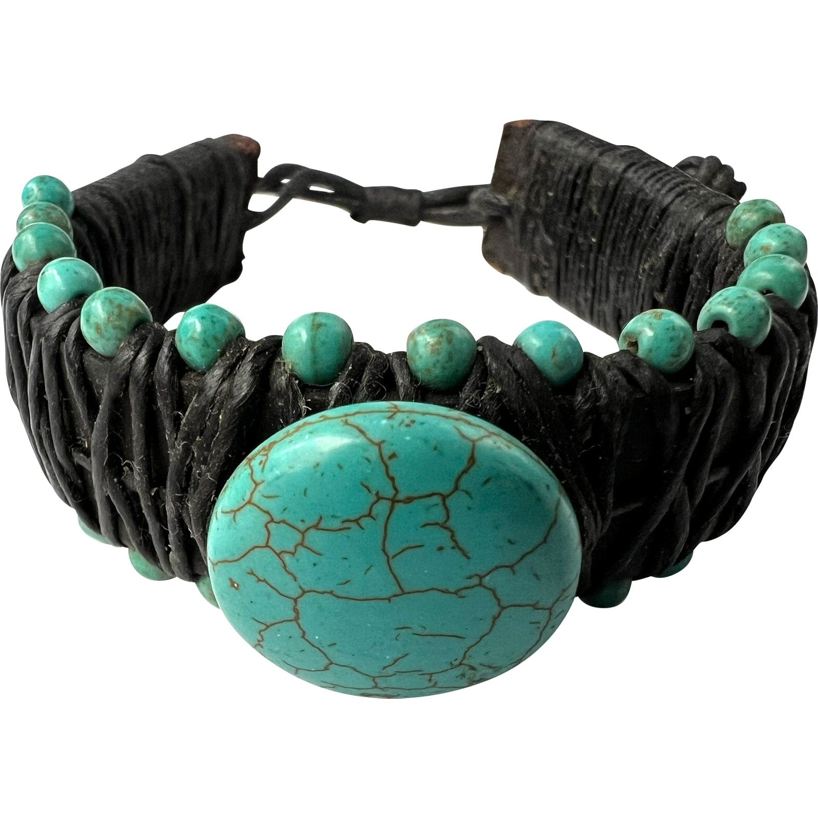 Turquoise Beads Black Leather Bangle Bracelet Wristband Mens Womens Jewellery