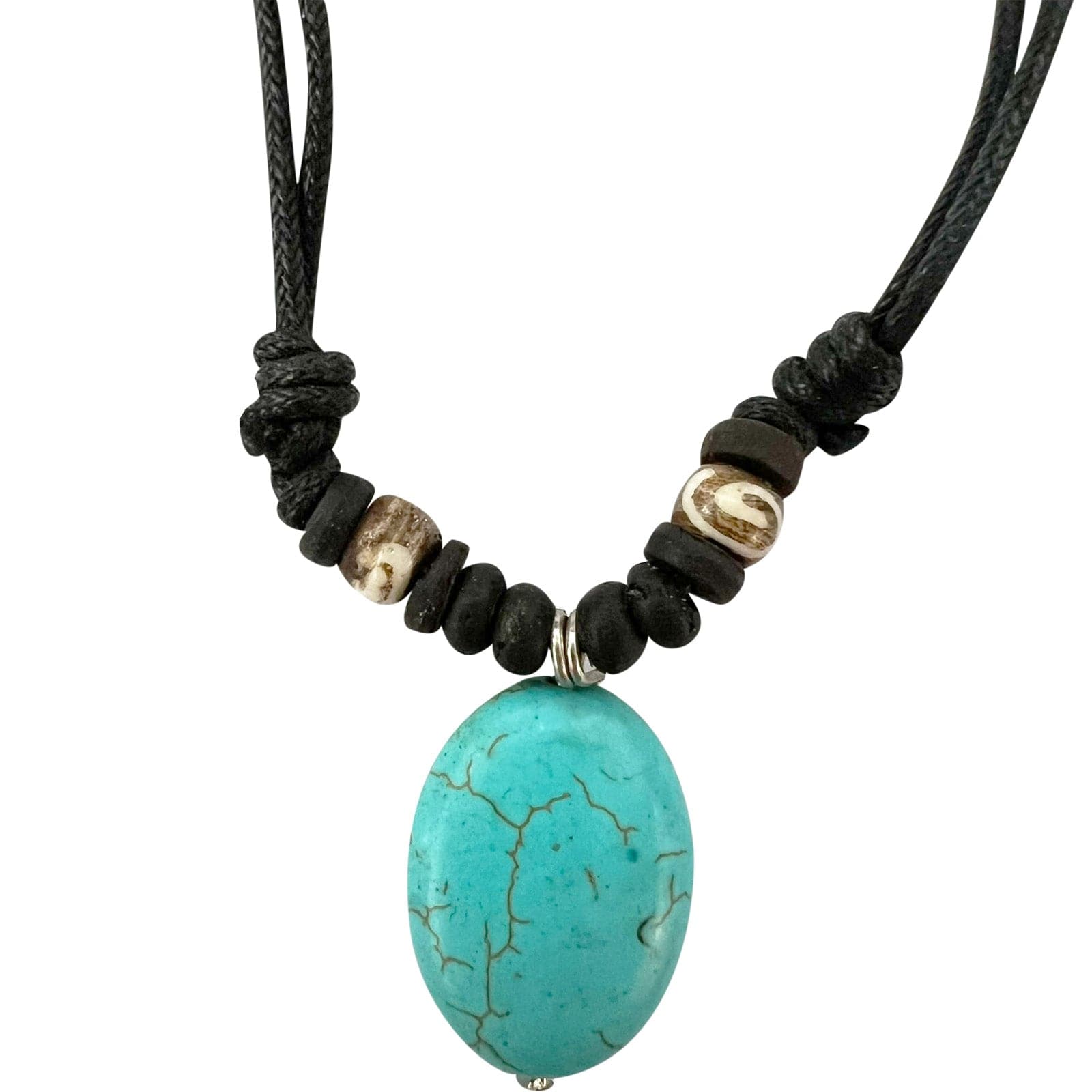 Turquoise Pendant Beads Necklace Black Cotton Cord Chain Mens Womens Jewellery