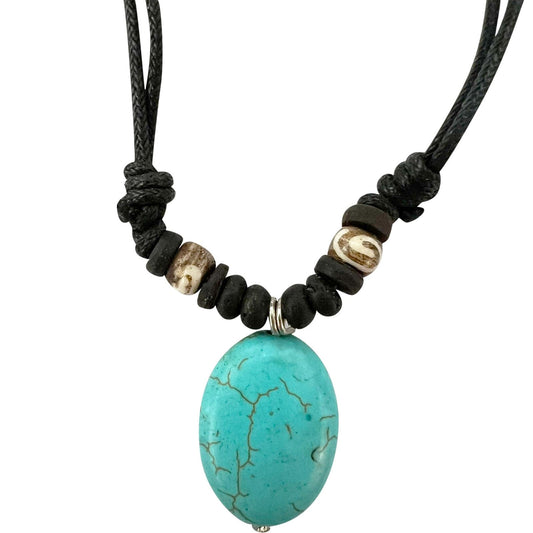 Turquoise Pendant Beads Necklace Black Cotton Cord Chain Mens Womens Jewellery