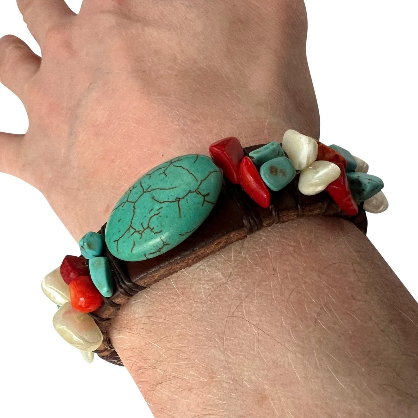 Turquoise Stone Brown Leather Bracelet Wristband Bangle Mens Ladies Jewellery