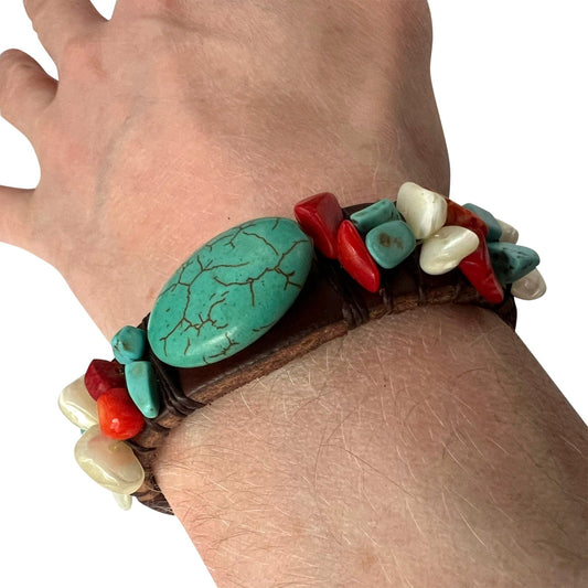 Turquoise Stone Brown Leather Bracelet Wristband Bangle Mens Ladies Jewellery