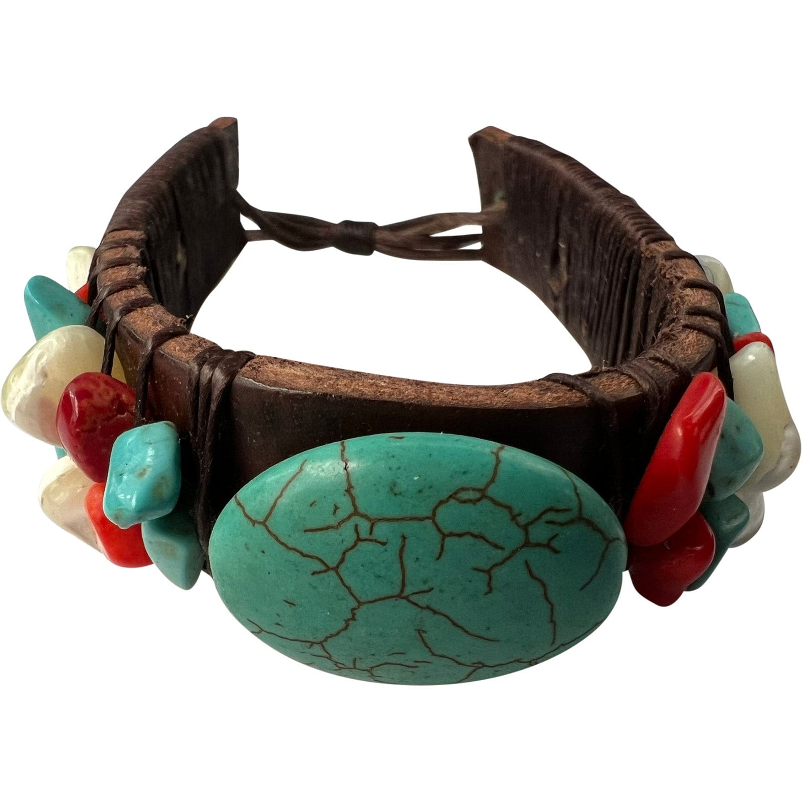 Turquoise Stone Brown Leather Bracelet Wristband Bangle Mens Ladies Jewellery
