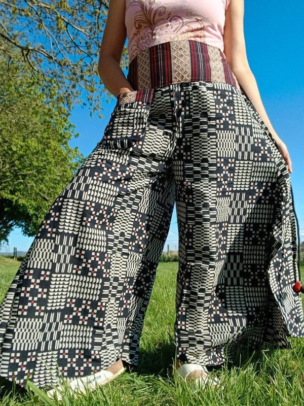 White Geometric Palazzo Wide Leg Black Thai Japanese Pants Baggy Harem Trousers