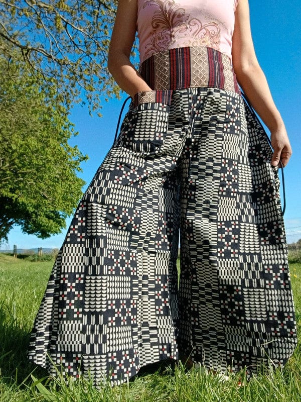 White Geometric Palazzo Wide Leg Black Thai Japanese Pants Baggy Harem Trousers