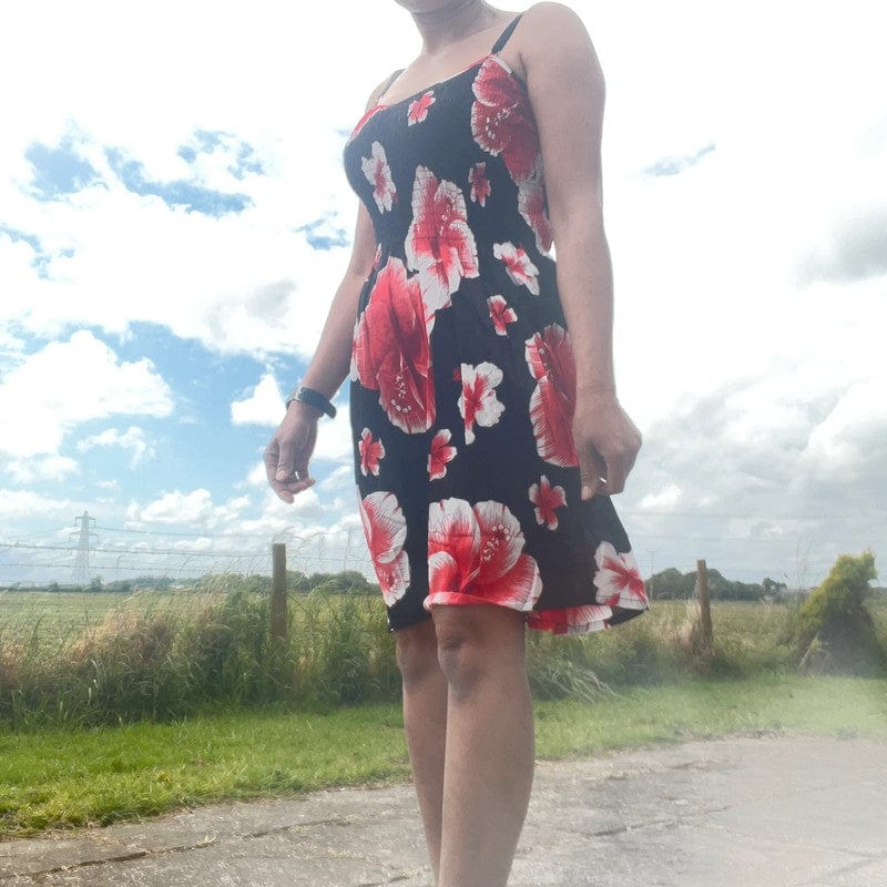 Womens Black Red Floral Flower Short Dress Ladies Summer Cocktail Party Holiday