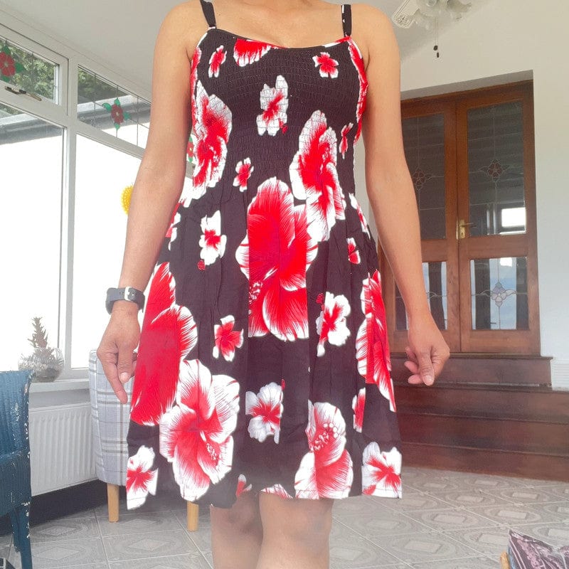 Womens Black Red Floral Flower Short Dress Ladies Summer Cocktail Party Holiday